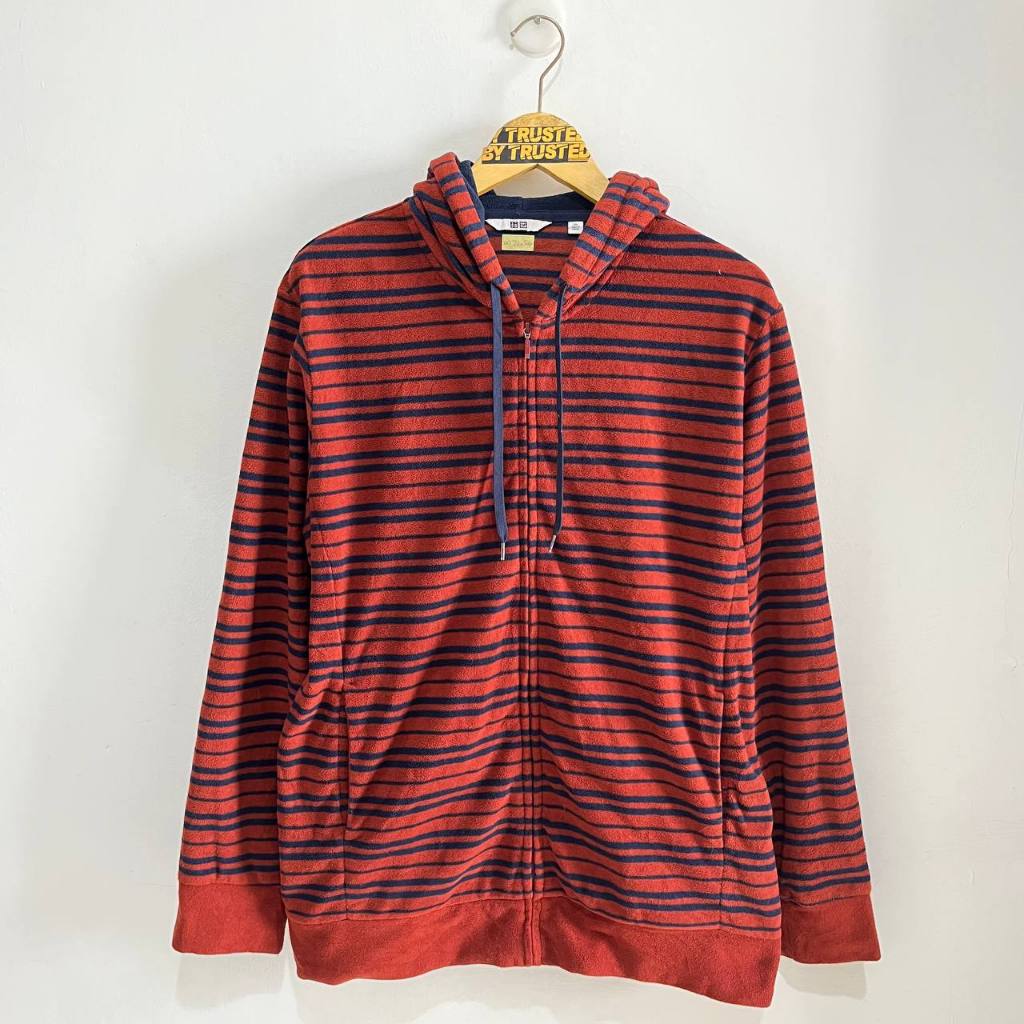 UNIQLO Salur Zip Hoodie Bahan Polar - UNIQLO Salur Polar - Terracota Navy - Kondisi Like New [size X
