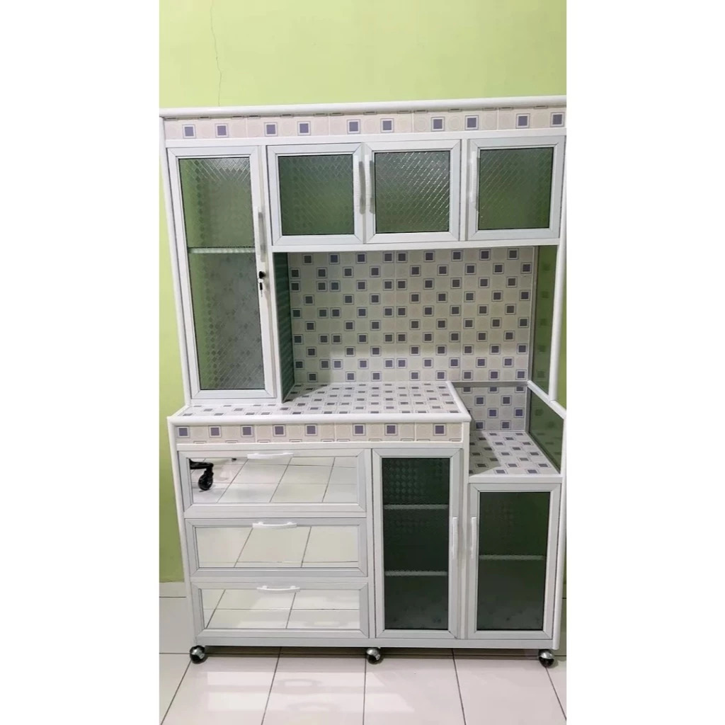 RAK PIRING 4 pintu + 3 laci bahan alumunium holo, kerami, kaca/rak piring 4 pintu terbaru/rak piring