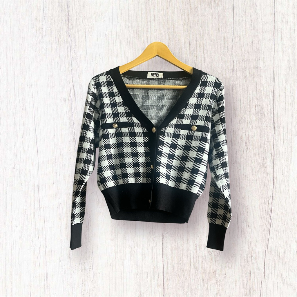 New Rajut Crop Cardigan Motif Kotak Lengan Panjang