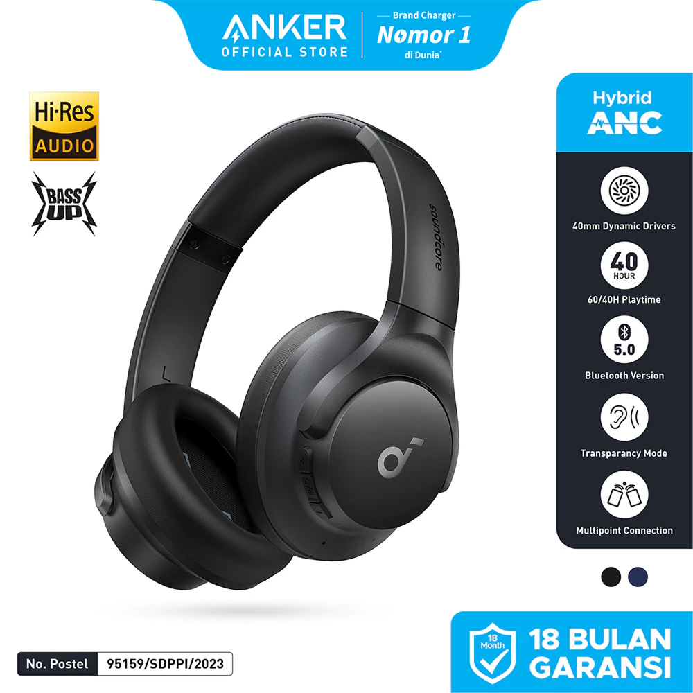 Soundcore by Anker Q20i Bluetooth Headphones with Mic Hi-Res Hybrid ANC Headset with Noise Cancellin
