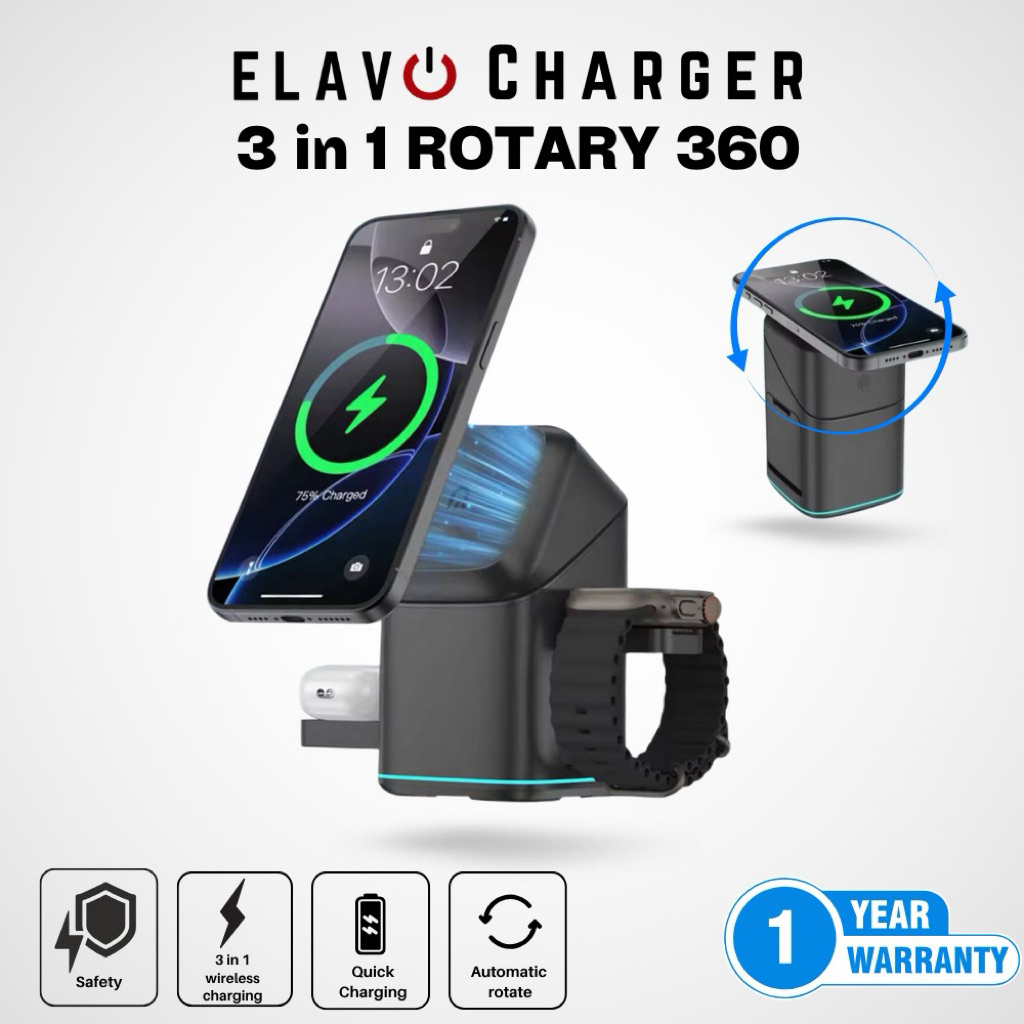 Qi2 Elavo 3in1 multidevice Rotate automatic wireless charger kompatibel untuk Samsung devices jam ta