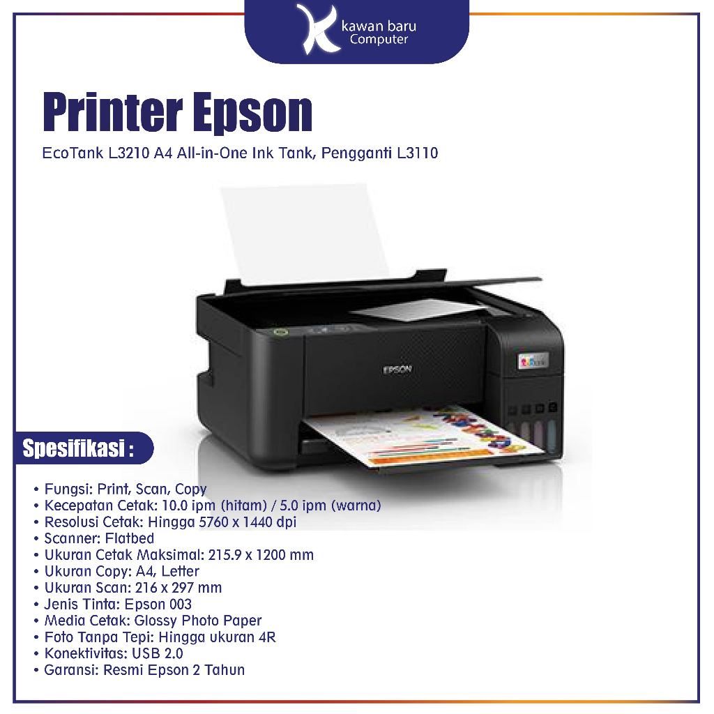 Printer Epson EcoTank L3210 A4 All-in-One Ink Tank Bandung Pengganti L3110