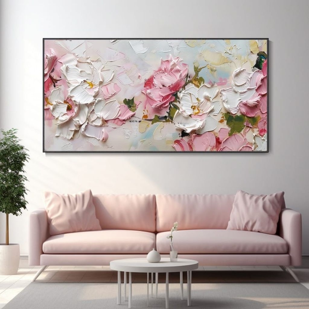 lukisan bunga putih pink tekstur timbul,minimalis modern
