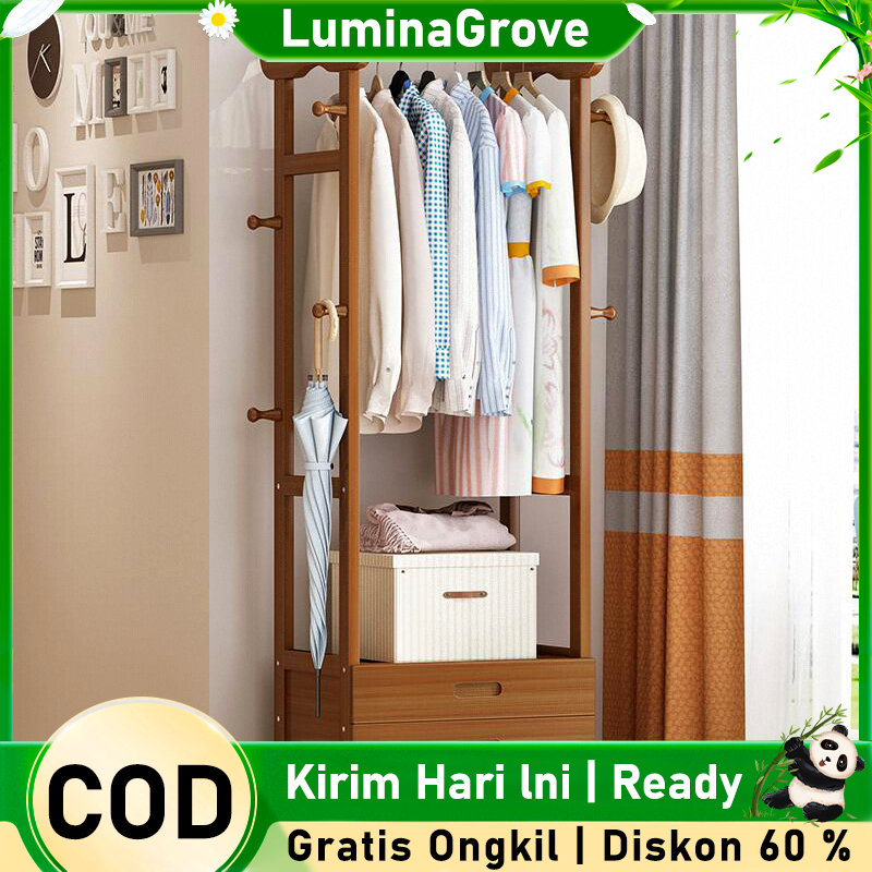 Lemari Gantung Kayu Multifungsi - Rak Baju 3 in 1 + Laci & Keranjang, Desain Minimalis Stabil untuk 