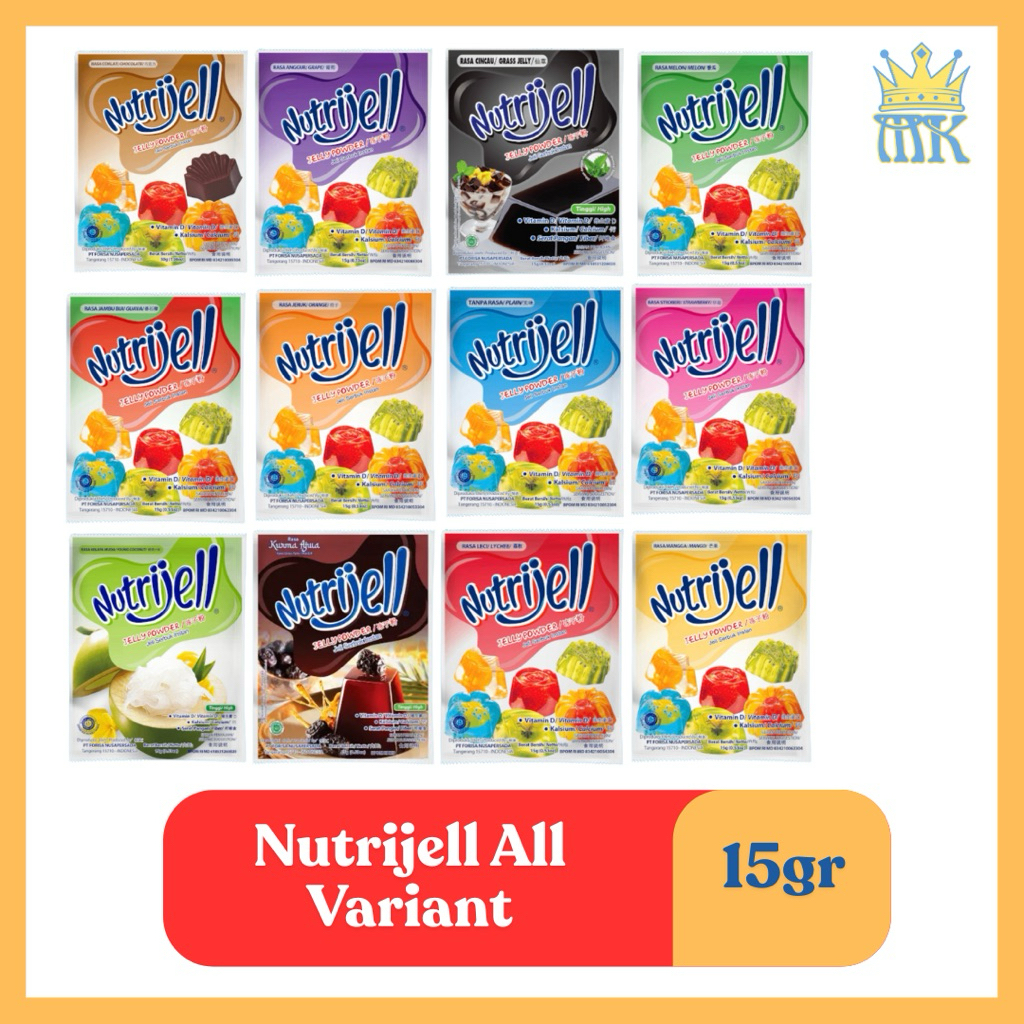 

Nutrijell Jelly Powder / Serbuk Jelly / Nutrijell Ekonomis / Nutrijell Plain atau dengan varian rasa tertentu (Kelapa Muda, Anggur, Coklat, Melon, Jambu Biji, dll)