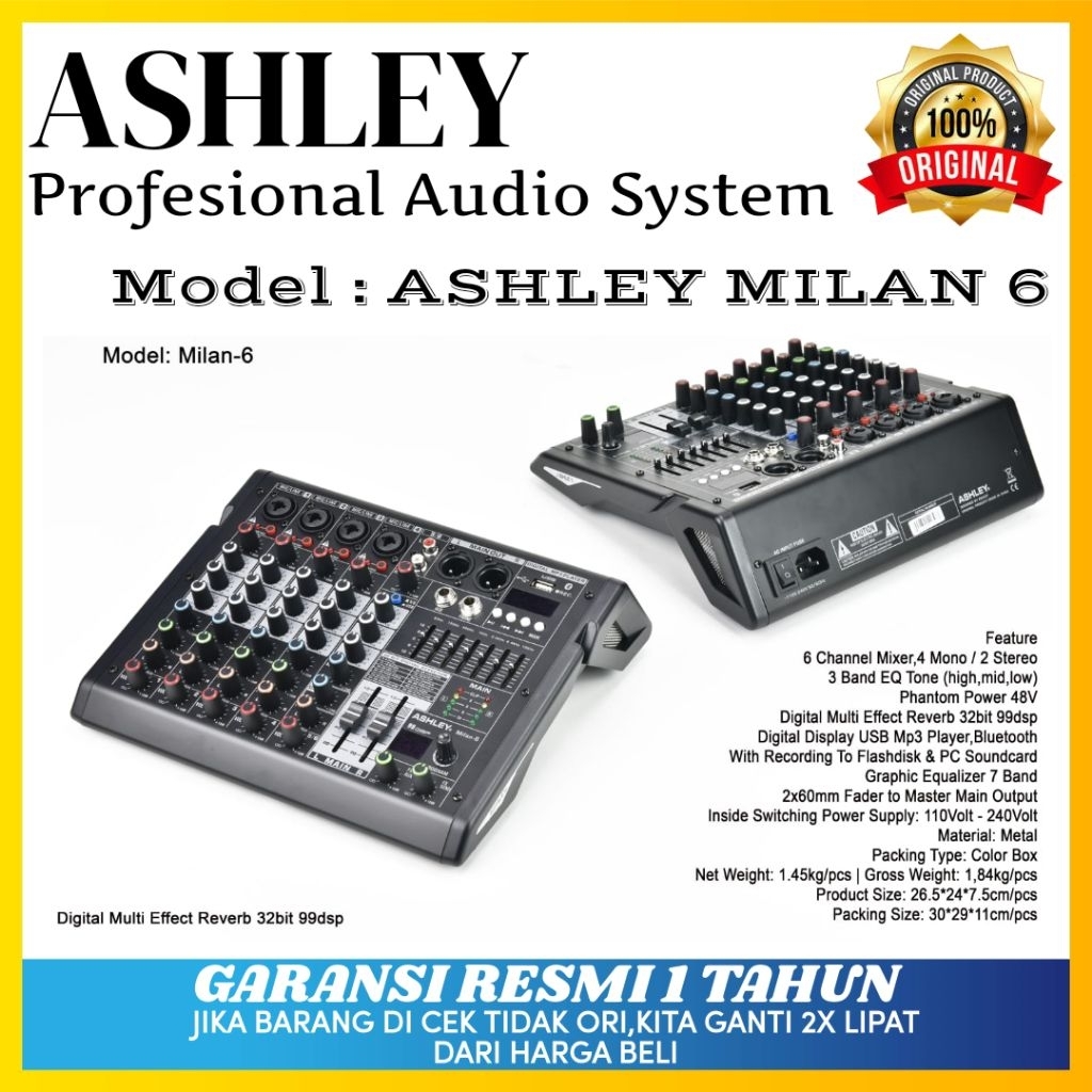 Mixer Audio Ashley Milan 6 Original Mixer Ashley 6 Channel Bluetooth