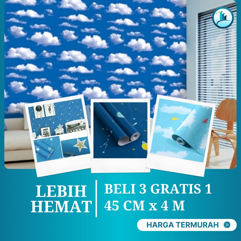 Wallpaper Stiker Dinding Atap Plafon Ruang Tamu Walpaper Dingdin Rumah Motif Awan Biru KOMBO HEMAT