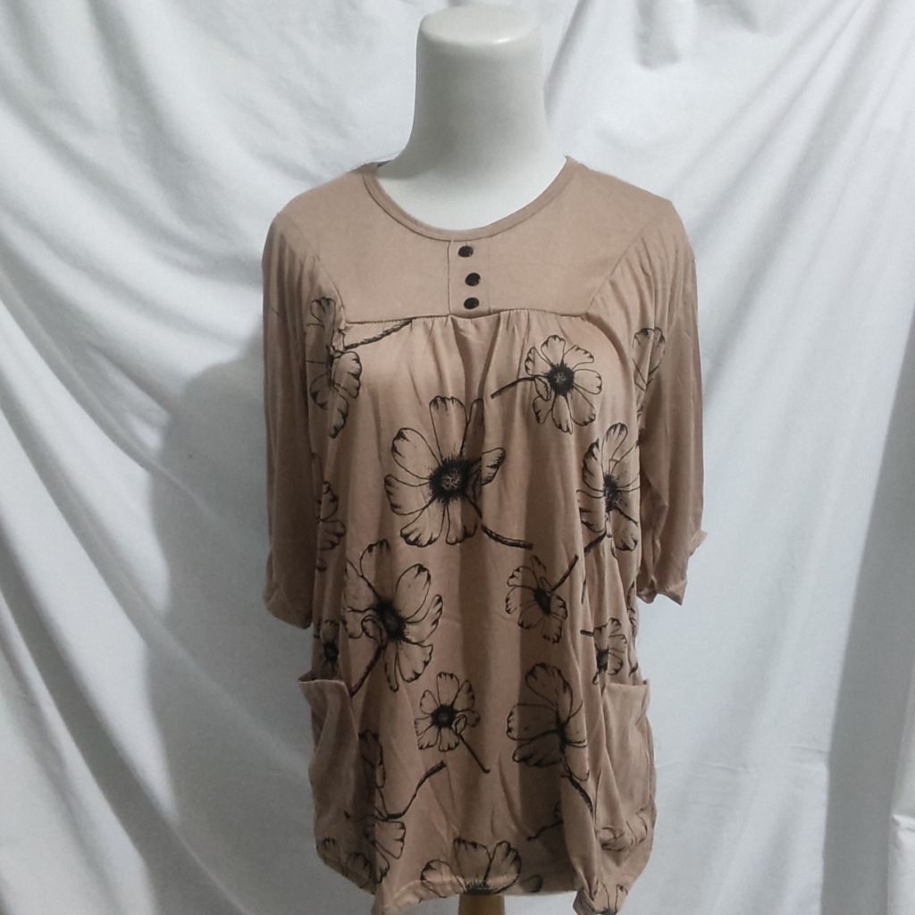 Baju Kaos Jumbo Blouse Motif Bunga Warna Lengan Pendek Wanita