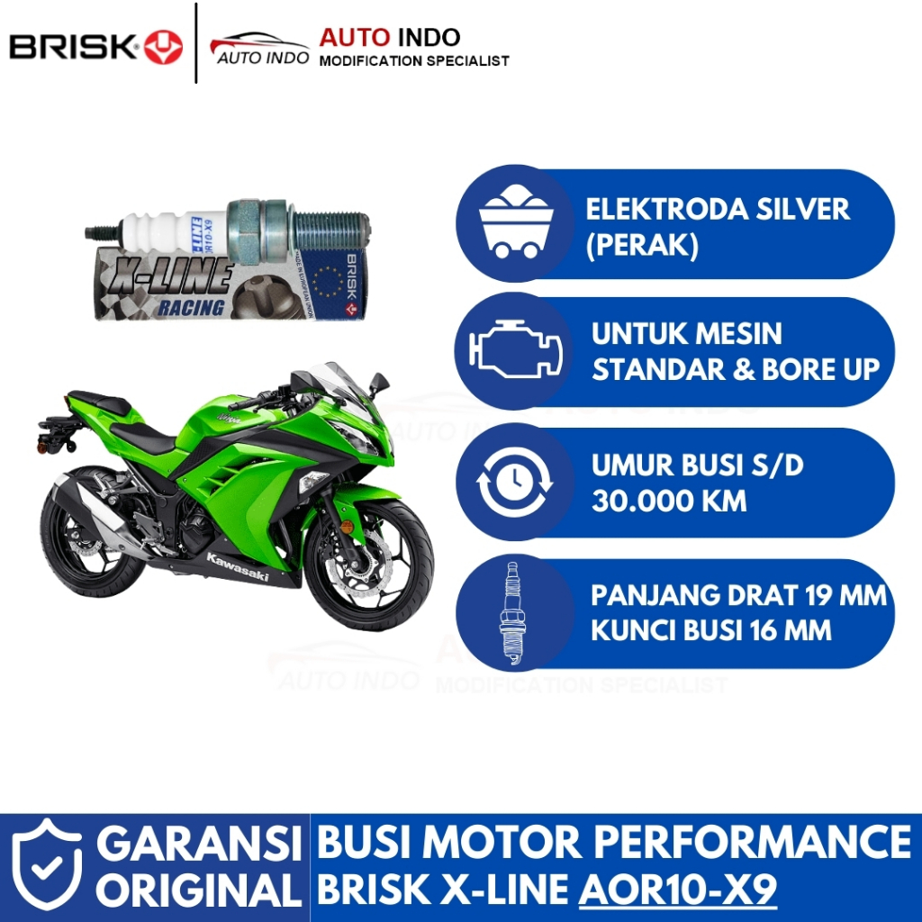 Busi Motor Brisk Xline Racing AOR10-X9 untuk Kawasaki Ninja 250 Karbu Old | Garansi Asli Brisk