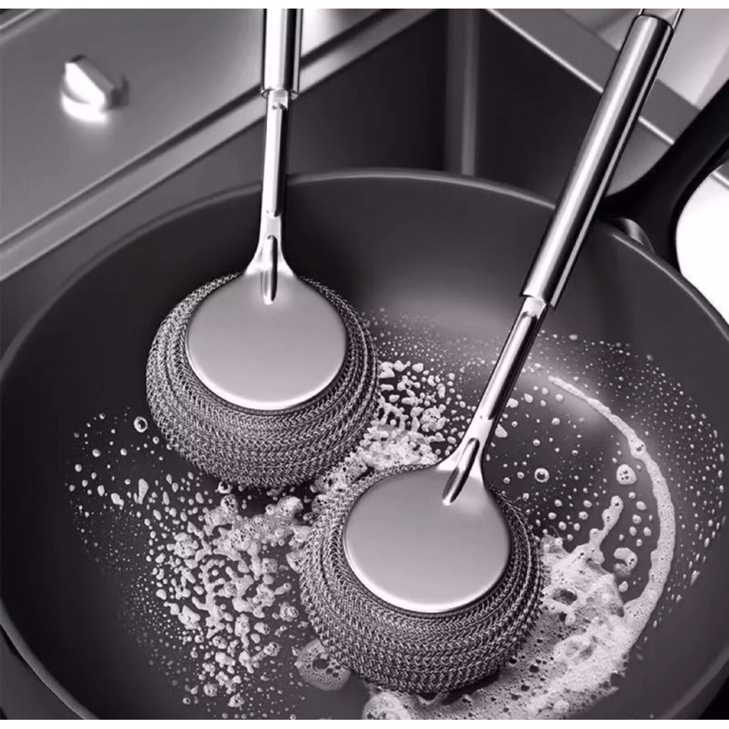 Sikat besi kawat Cuci Panci Bergagang Gagang Panjang Penggosok Pembersih Panci Wajan Table Multifung