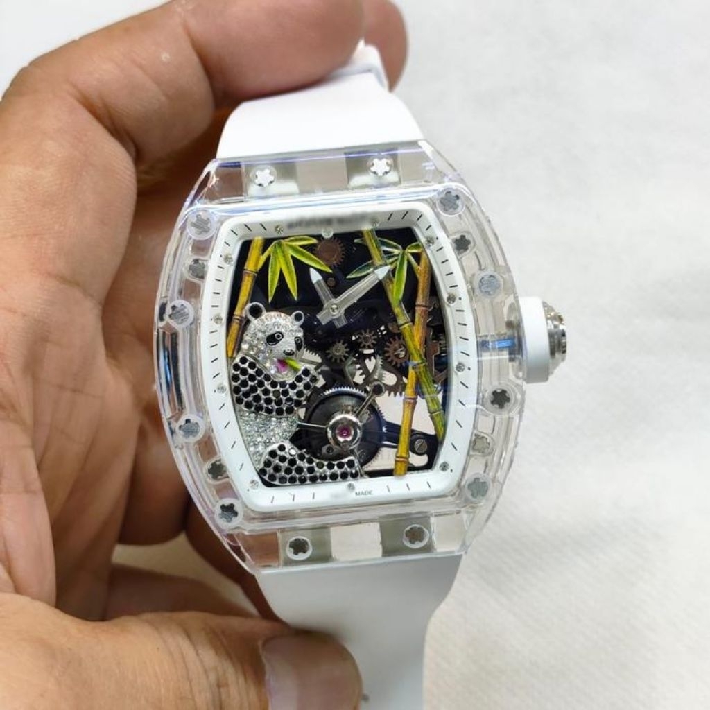 Jam Tangan Spesial RM26-01 PANDA SAPPHIRE TRANSPARANT CASE TURBILLON 44MM WHITE RUBBER STRAP LIMITED