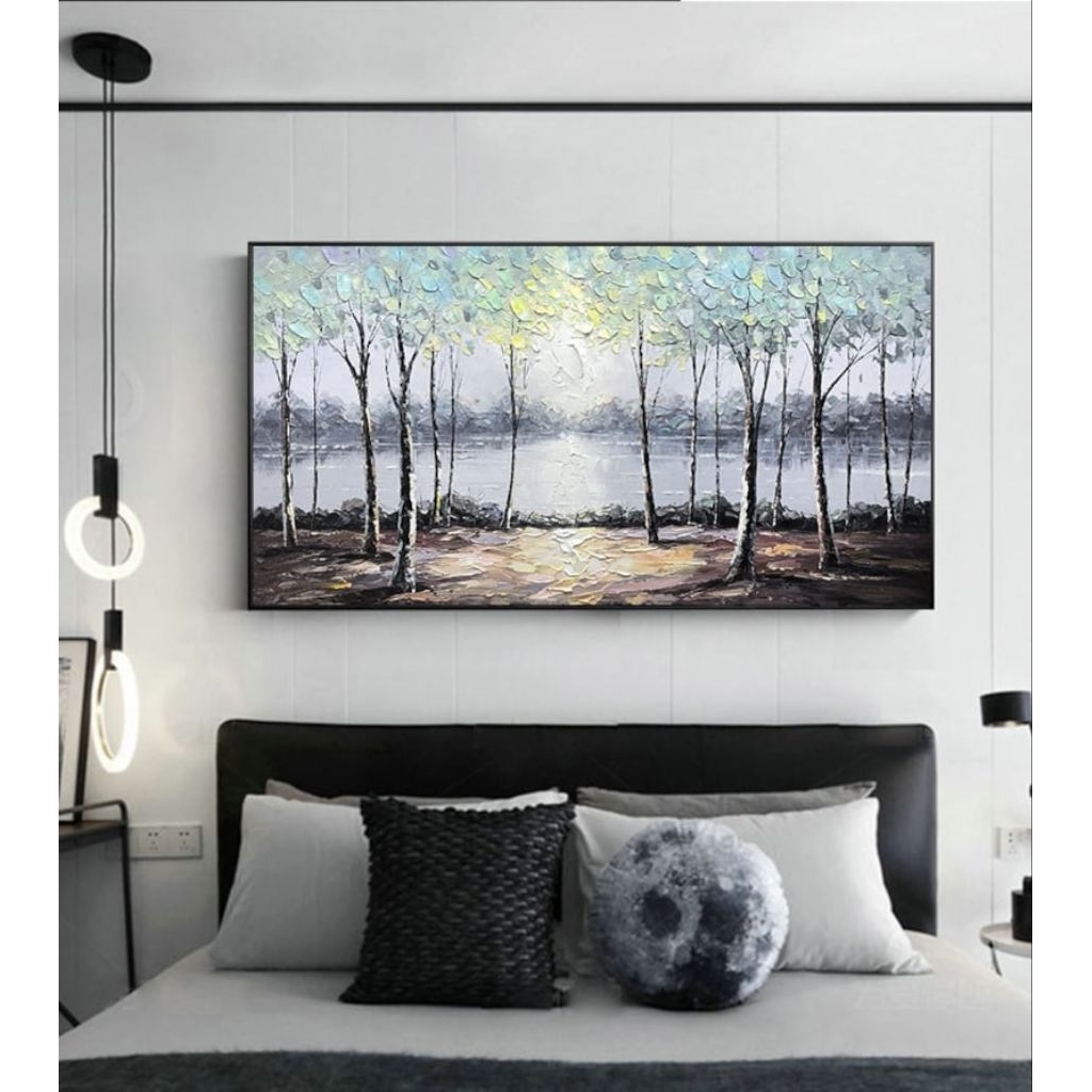 lukisan pemandangan hutan tekstur timbul, minimalis modern