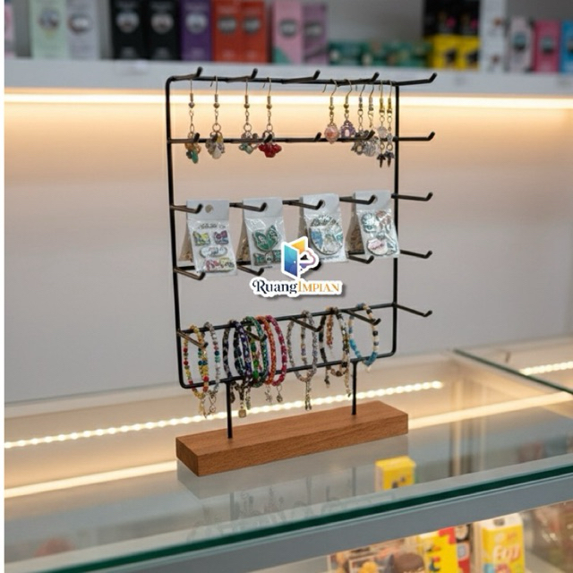 Rak Display Anting Gelang Kalung Aksesoris Besi Kayu Estetik Pajangan Toko