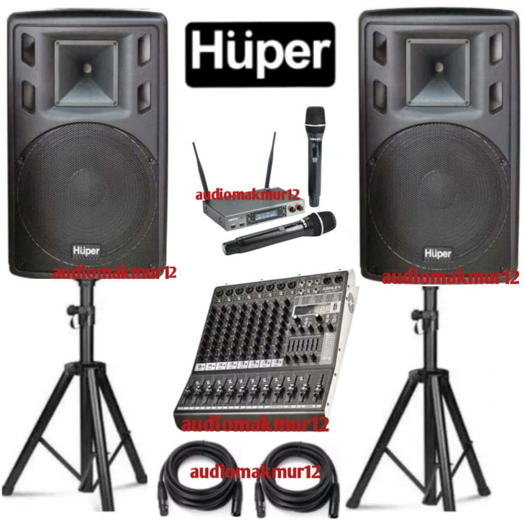 Paket Sound System Huper HA400 15Inch Aktif Komplit Mixer Ashley Super M8 PRO Dan Mic Wireless Ashle
