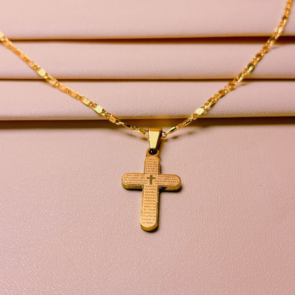 Aish.Jewelry Set Kalung Liontin Salib Plat Polos Elegant Emas Asli Kalung Salib Wanita Rantai Tempe