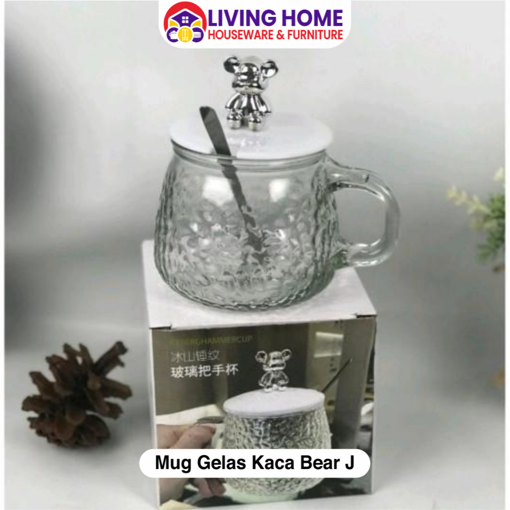 Gelas Mug Bear Kaca - Gelas Kopi Besar Tutup Bear 450ml - Mug Minuman