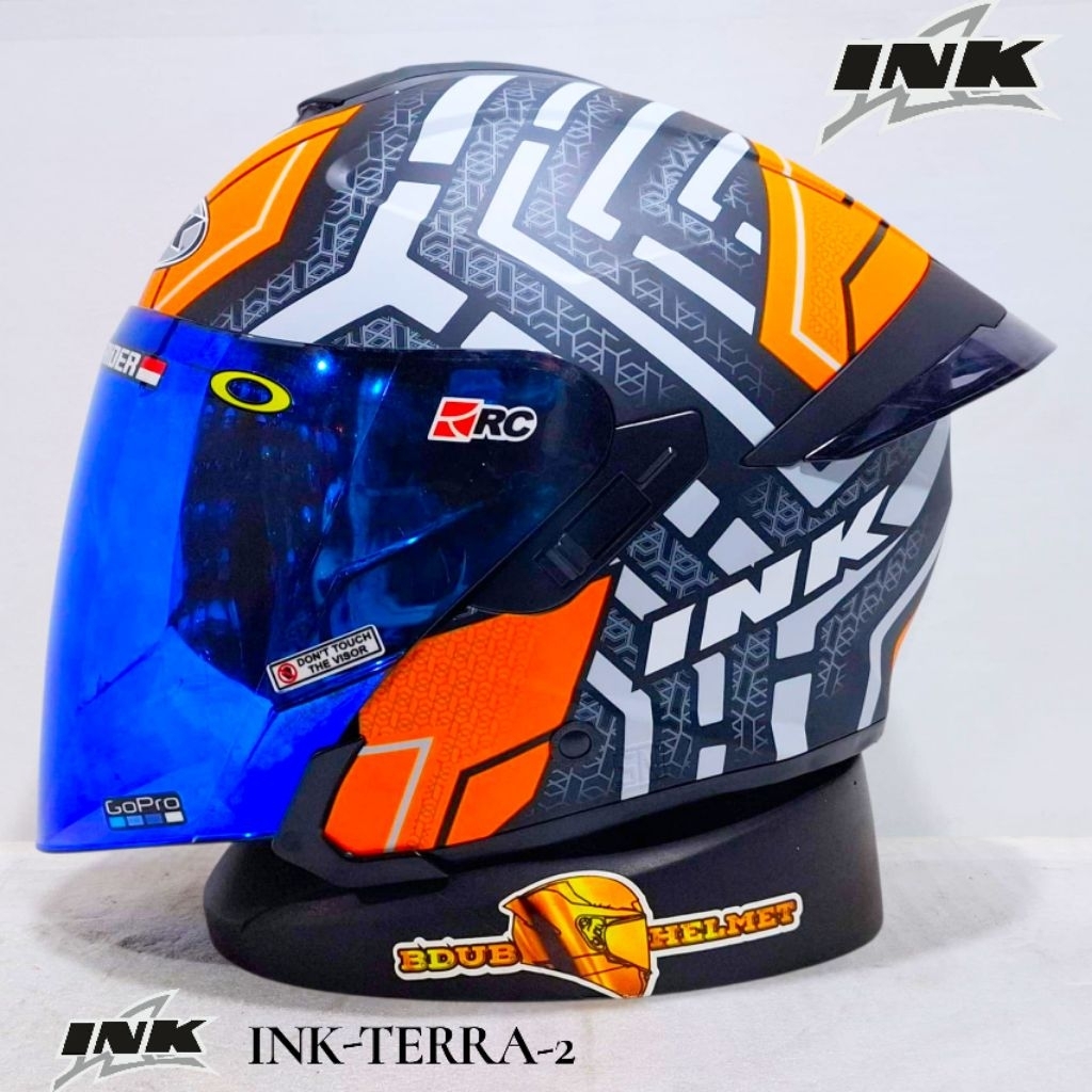 Helm INK Terra 2 Motif #2 Black matt Orange paket ganteng spoiler 3D Original INK