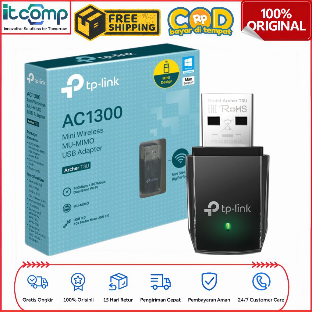 TP-Link Archer T3U AC1300 Wi-Fi 5 Mini USB Single 3.0 Dual Band Gigabit MU-MIMO Adapter Desktop