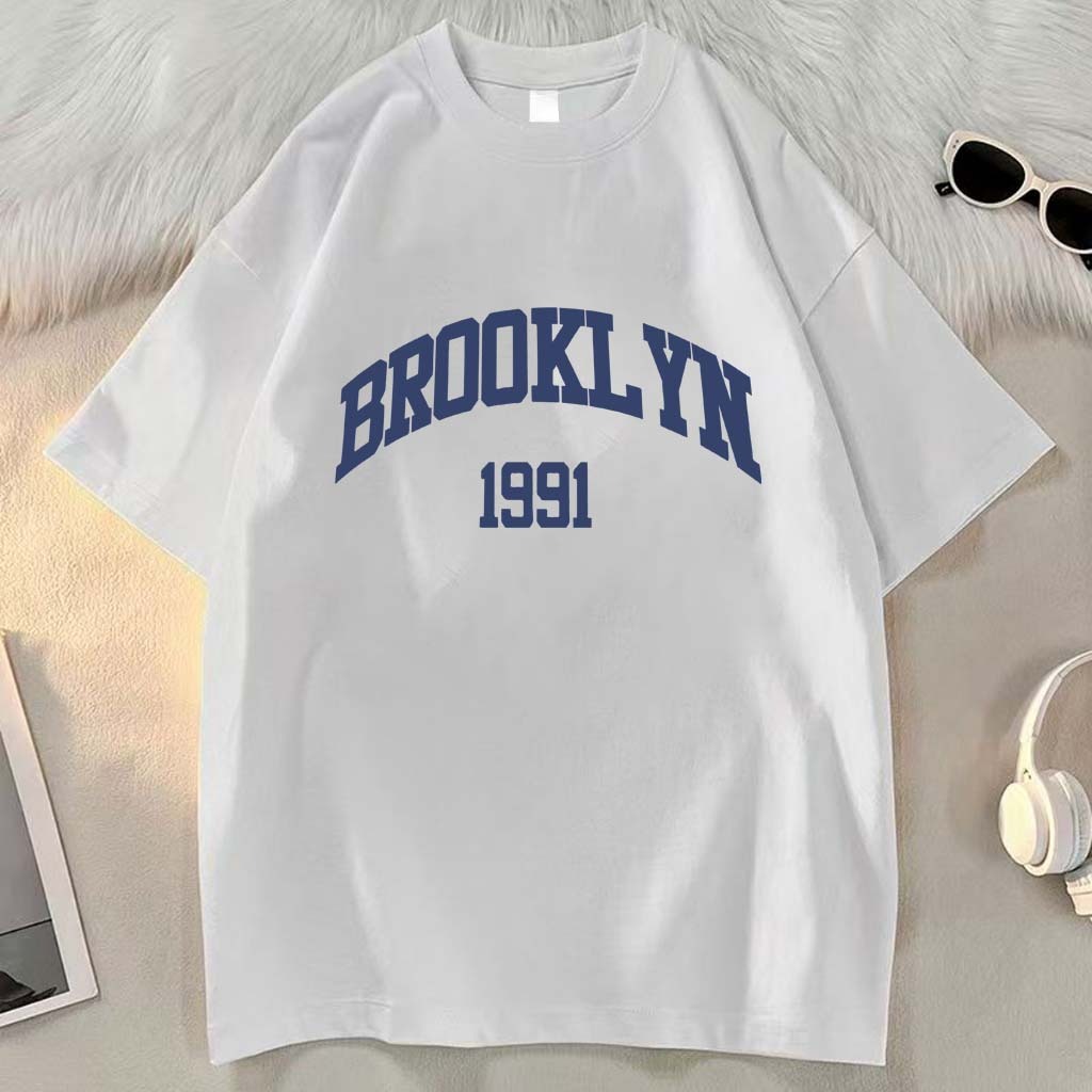 HIGH RAIN American retro Style T-shirt Oversize Original BROOKLYN1991 Pola digital dan alfabet gaya 