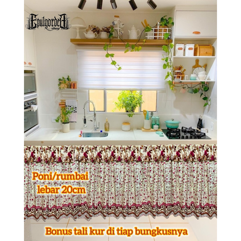 tirai gorden kolong dapur motif bunga karakter model rumbai poni 20cm bonus tali kur