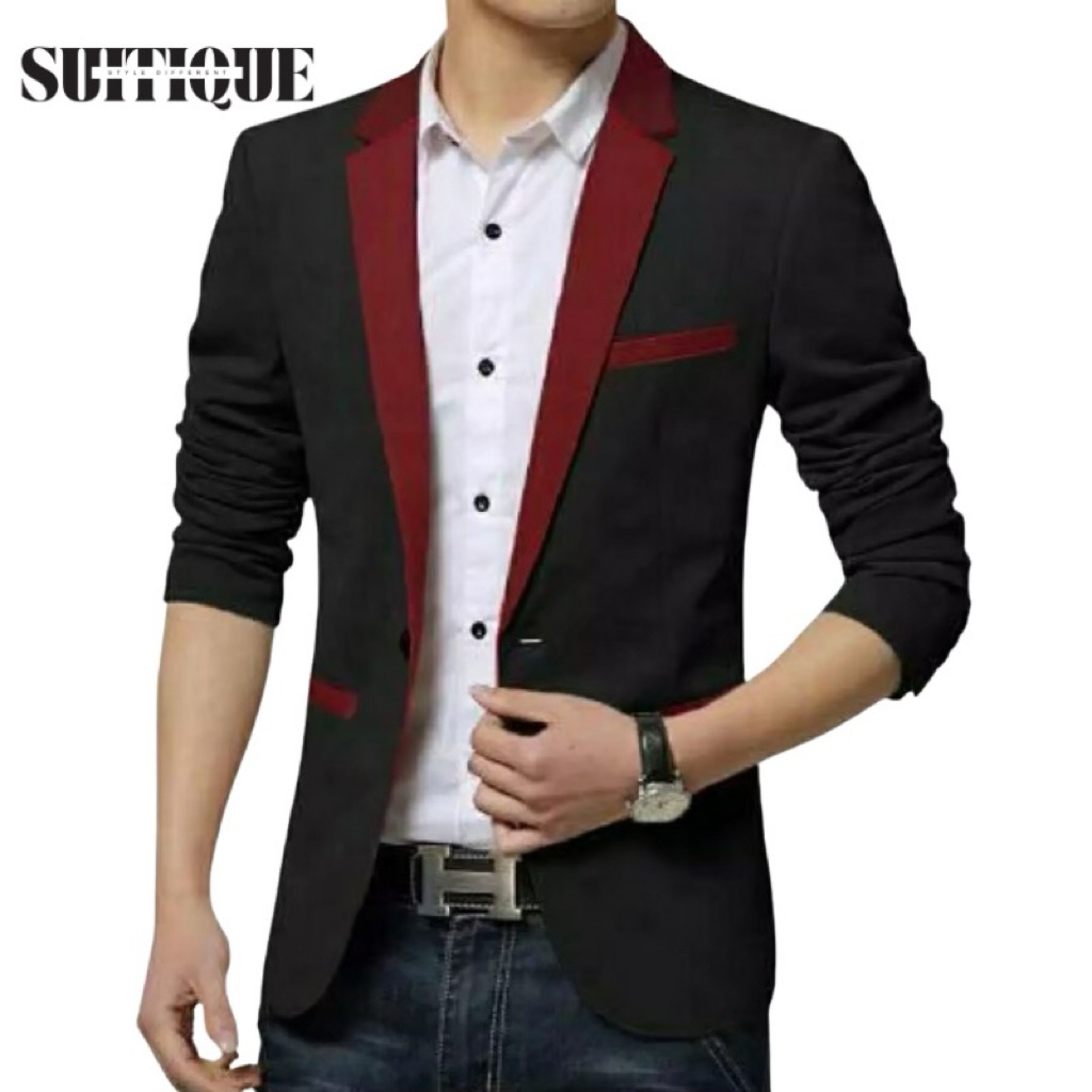Suitique ID – Jas Blazer Pria Fashion Slim Fit Formal Casual Kombinasi Merah Stylish Elegan Casual
