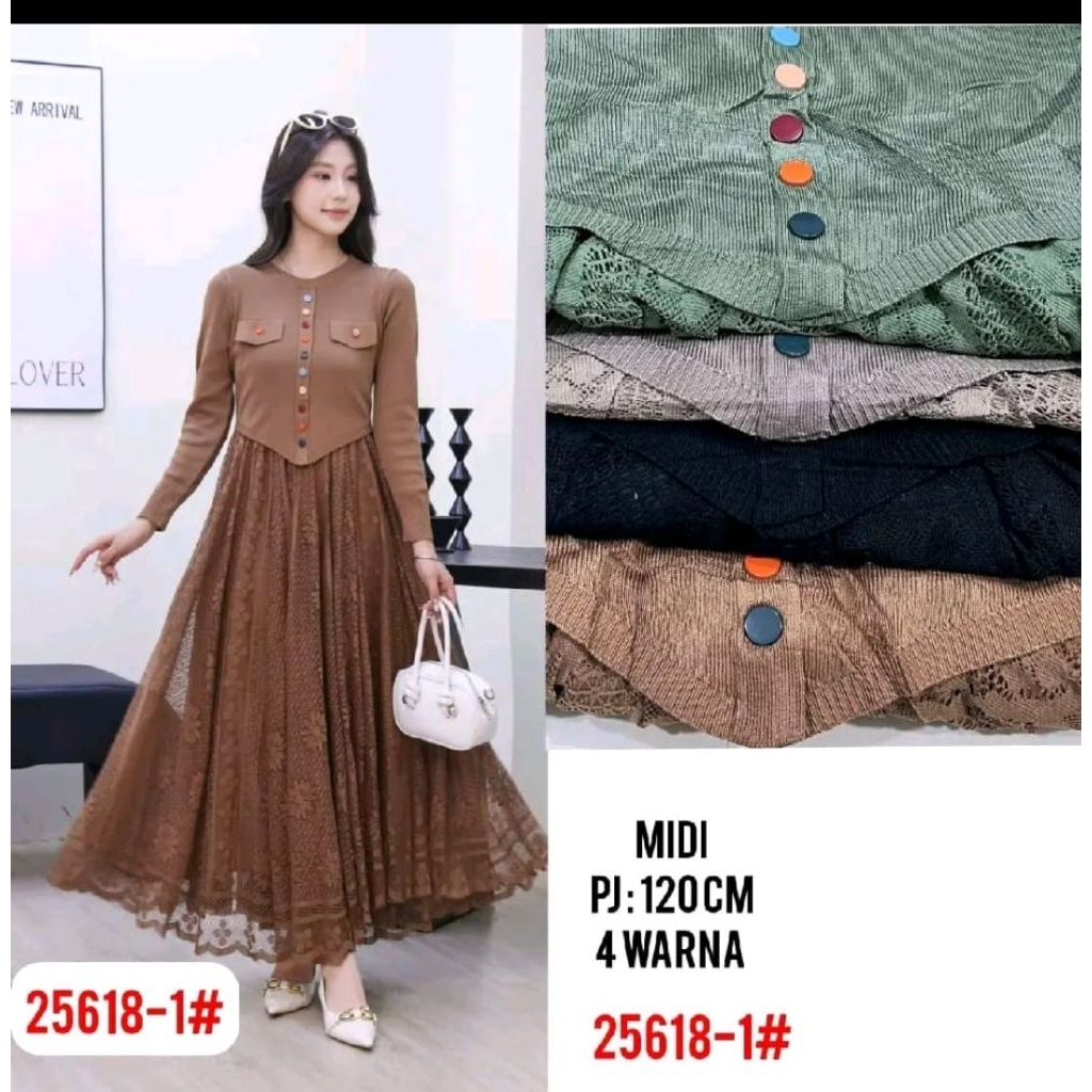 Dress MIDI Rajut kancing permen, bahan Rajut mix brokat Ld 110 PB 125