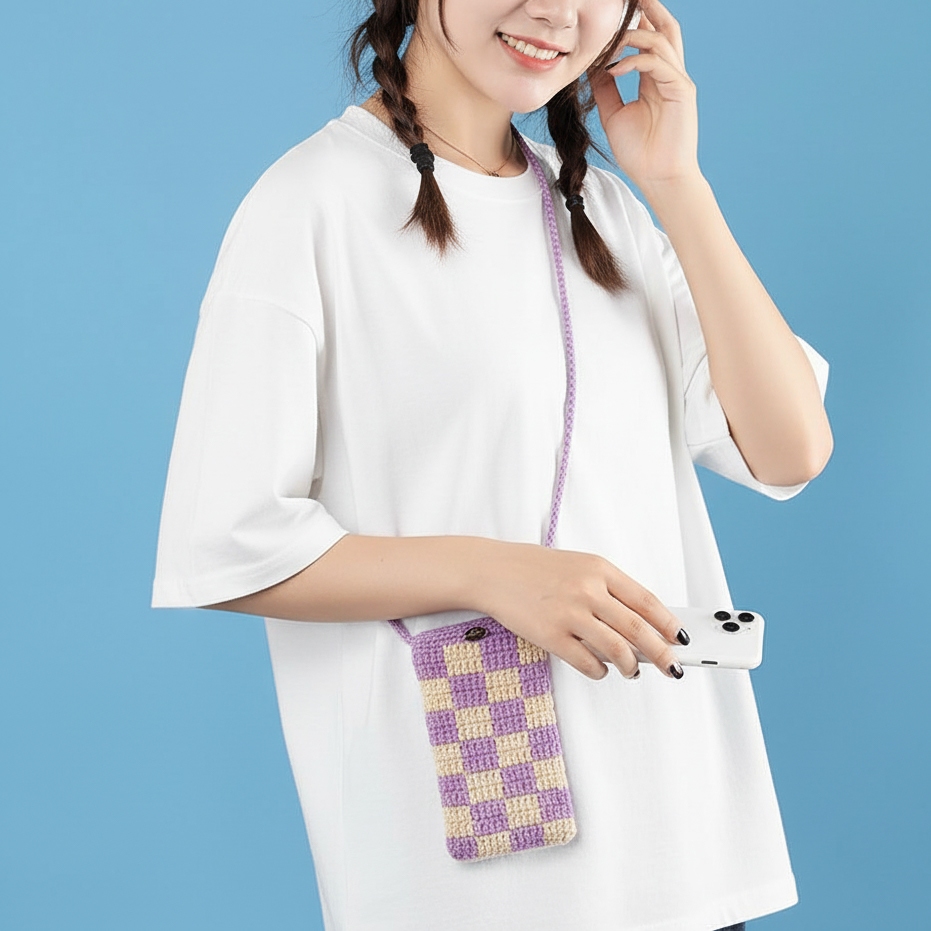 Tas Selempang Rajut Korean Style - Tas HP Mini Motif Kotak