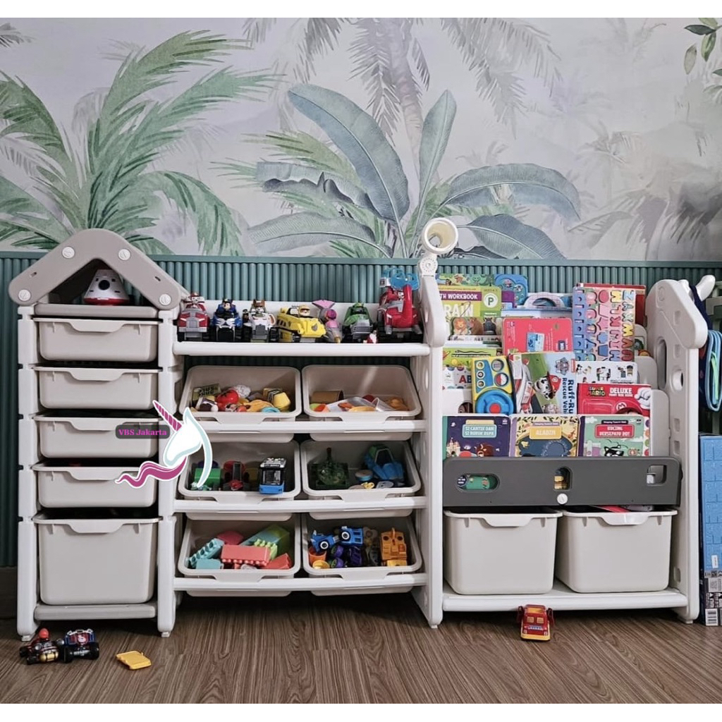 RAK BUKU ANAK STORAGE LENGKAP SET PENYIMPANAN MAINAN TOYS BONEKA BOOKSHELF TINGKAT SUSUN RUMAH ATAP 