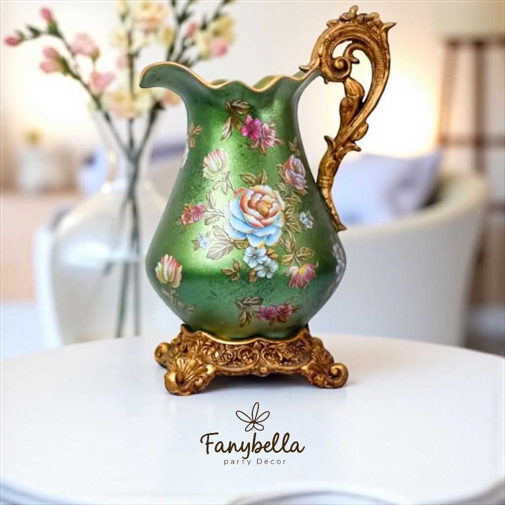 Pajangan Meja Set Vas Bunga Keramik Klasik Antik Guci Hijau Muda Emas Motif Bunga Porselen Dekorasi 