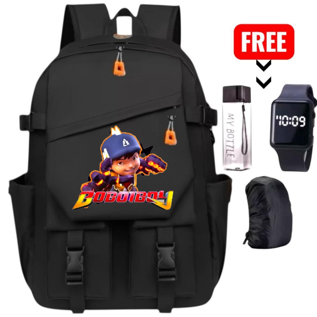 Tas Ransel Sekolah Anak Fashion Motif Karater BOBOIBOY RR 5014 Free Hadiah Jam Botlle Cover Anti air