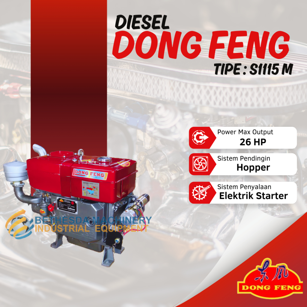 Mesin Diesel Dongfeng tipe S1115 M kapasitas 26Hp dengan pendingin Hopper dan sistem Elektrik Starte
