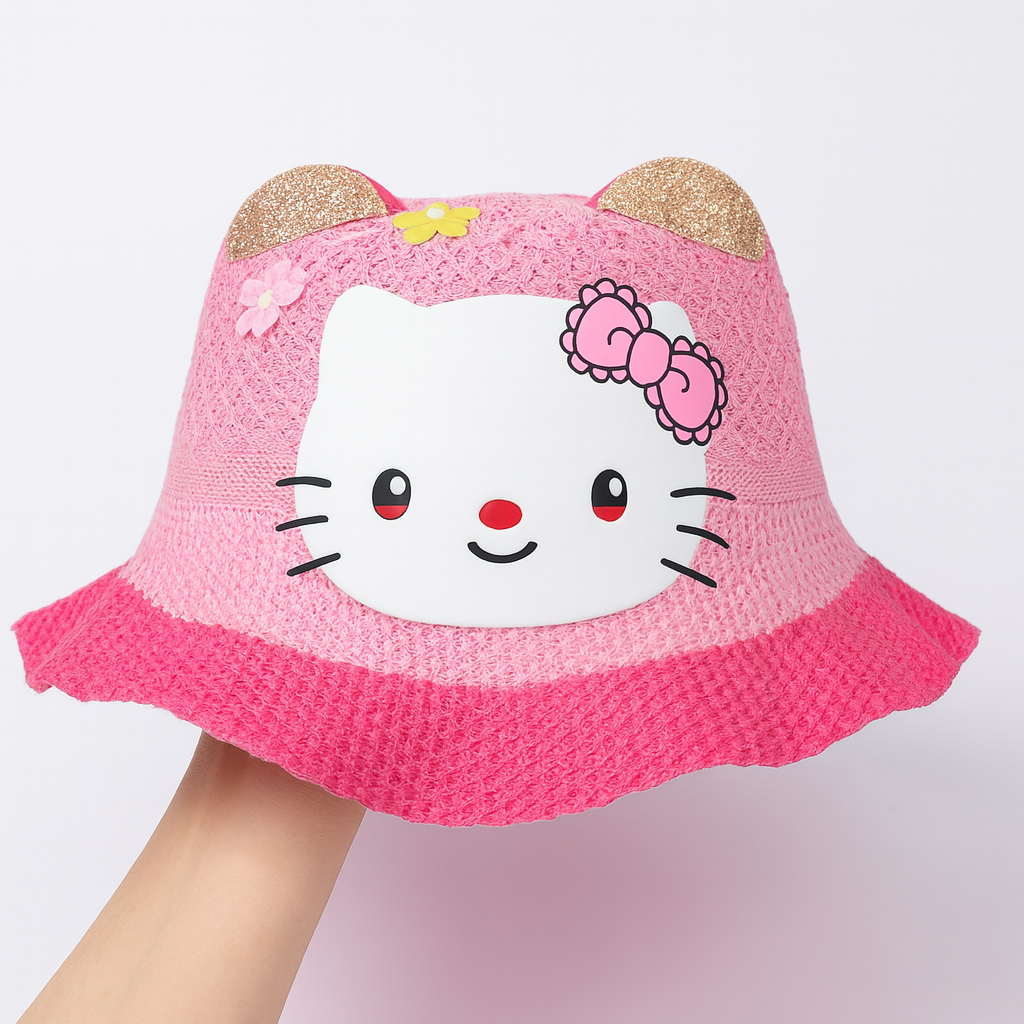 Topi Pantai Anak Perempuan Kekinian Motif Hello Kitty Bahan Jerami Untuk 3 - 9 Tahun