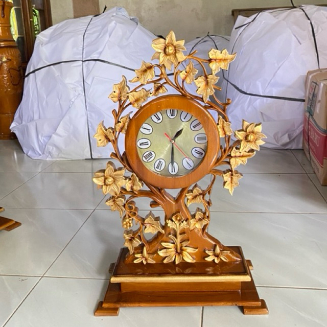 hiasan jam minimalis motif bunga kayu jati gold kombinasi premium