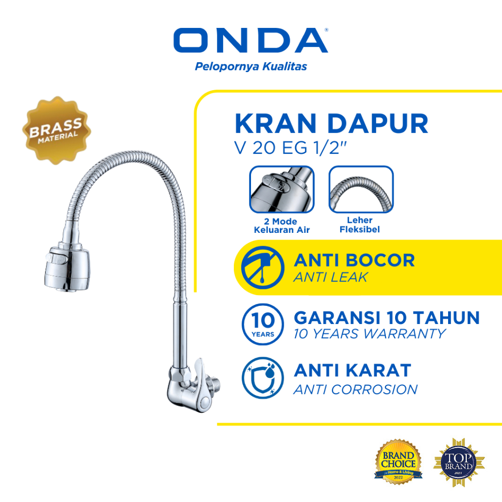 ONDA Kran Dapur Cuci Piring V 20 EG Tembok 1/2 In Kran Air Cuci Piring Stainless Anti Bocor Kran Pen