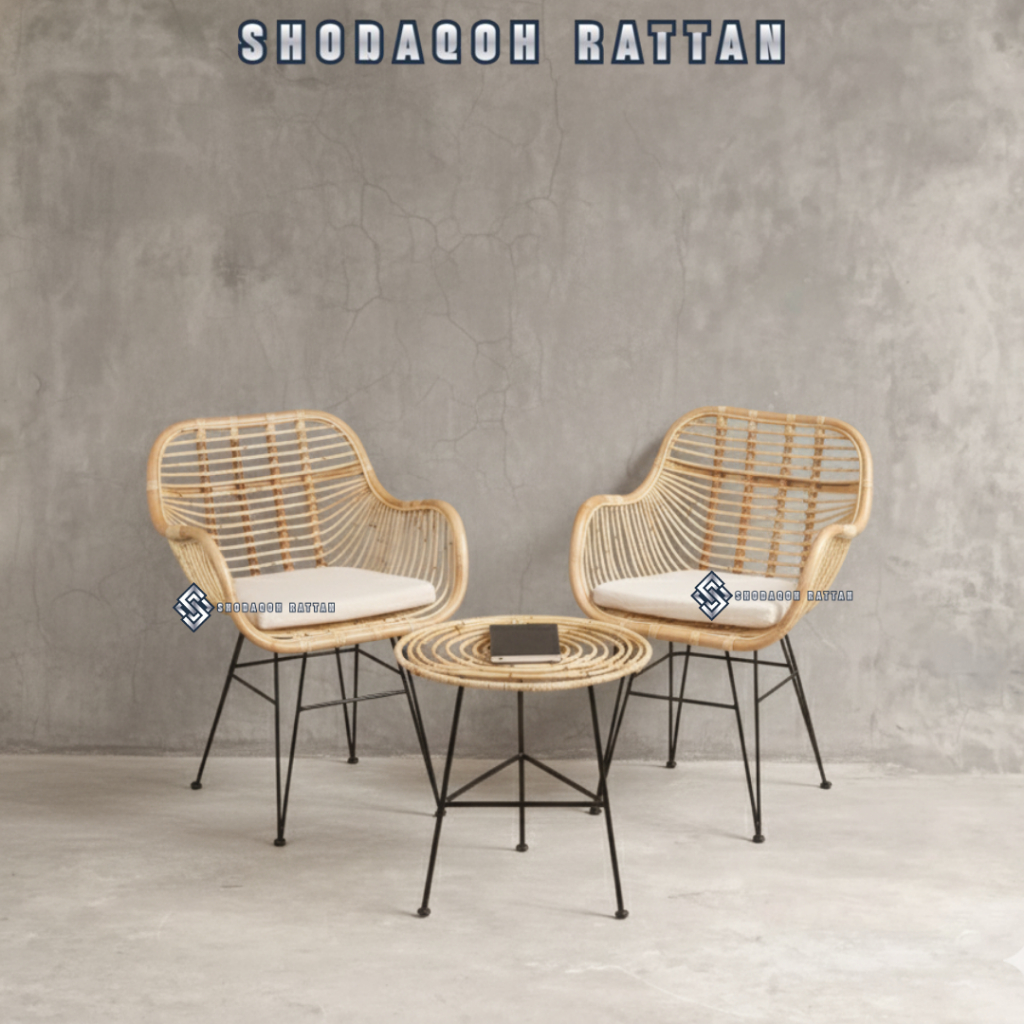 Kursi Makan Bar Rotan Asli - Desain Minimalis, Bantal Included, Tahan Outdoor
