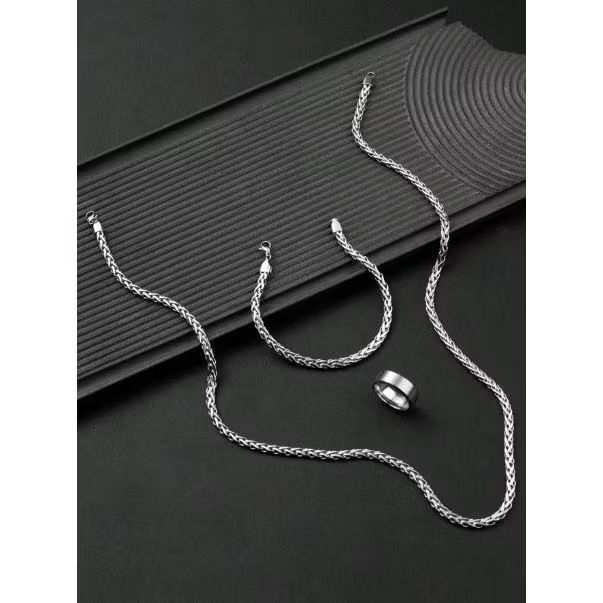 PAKET KALUNG DAN GELANG ANYAM TITANIUM ANTI KARAT MURAH BONUS CINCIN SILVER