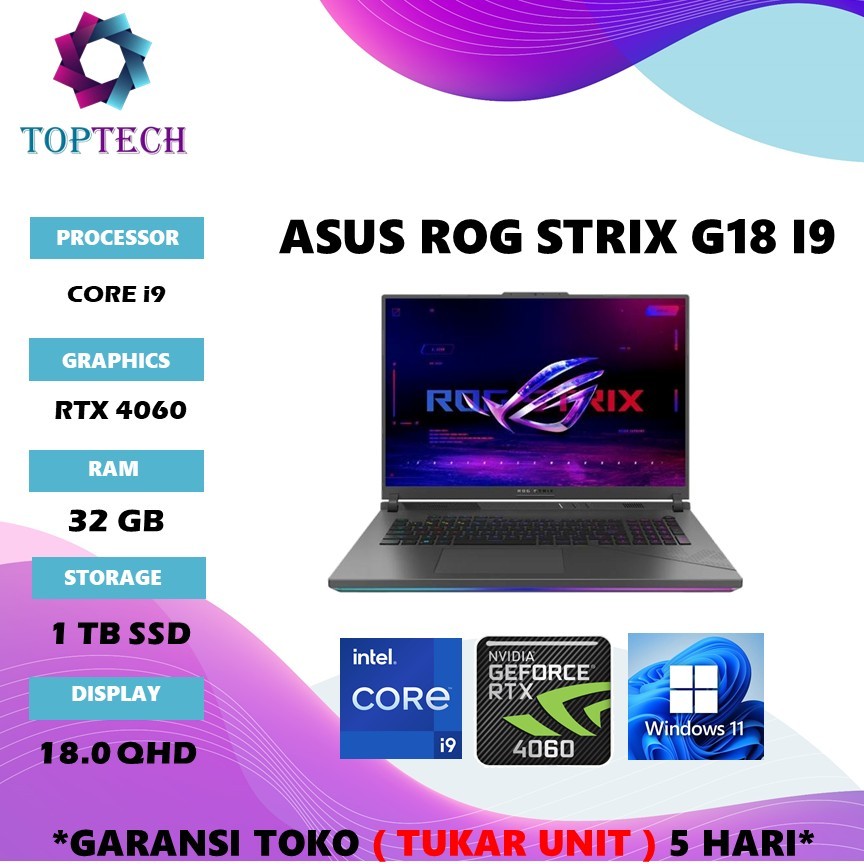 LAPTOP ASUS ROG STRIX G18 G814JVR I9 14900HX RTX4060 RAM 8GB/ 32GB 1TB WINDOWS 11 18QHD 240HZ