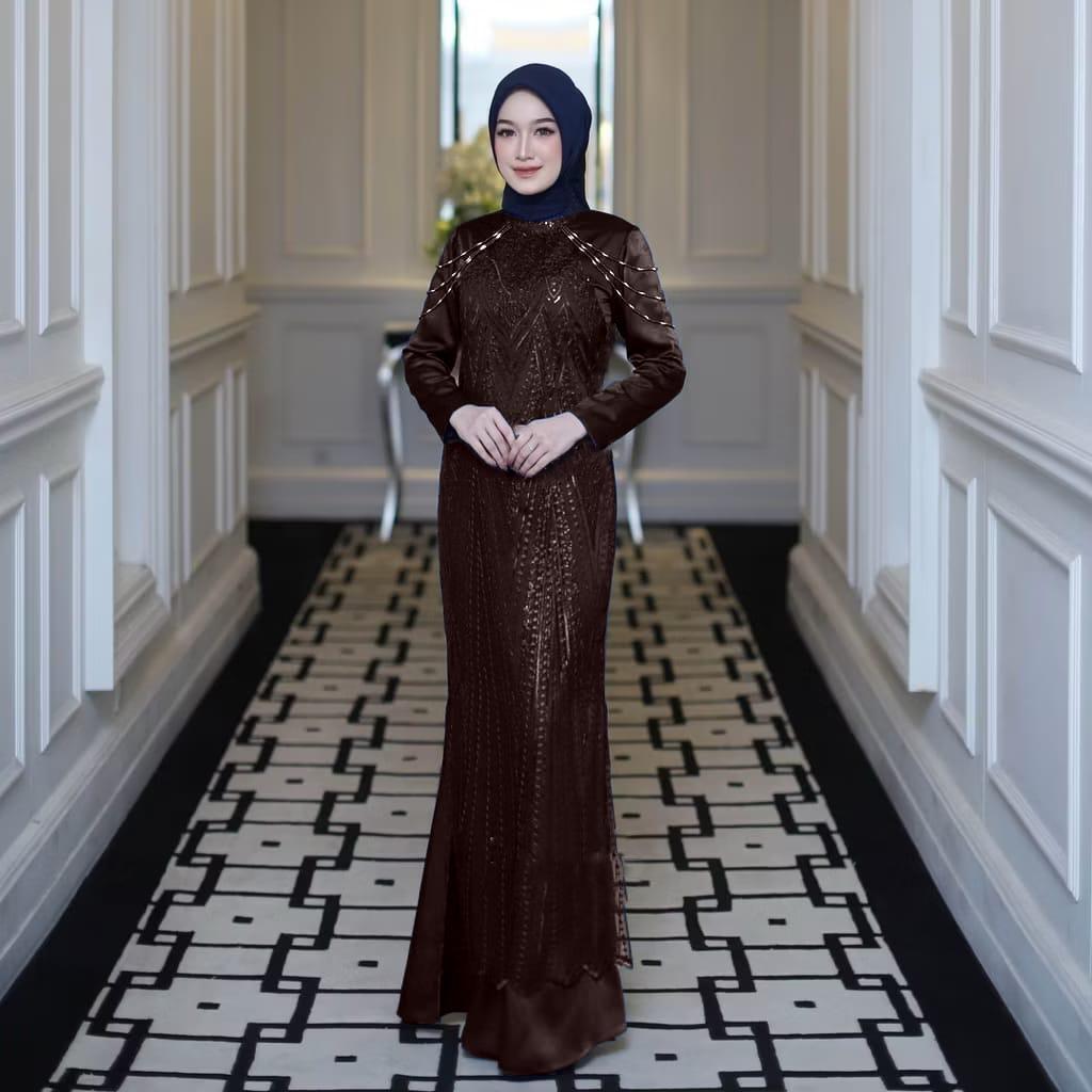 Baju gamis Pesta Kondangan Coklat Mahogany Kombinasi Brokat Payet Matt Satin Silk Premium Model SLim