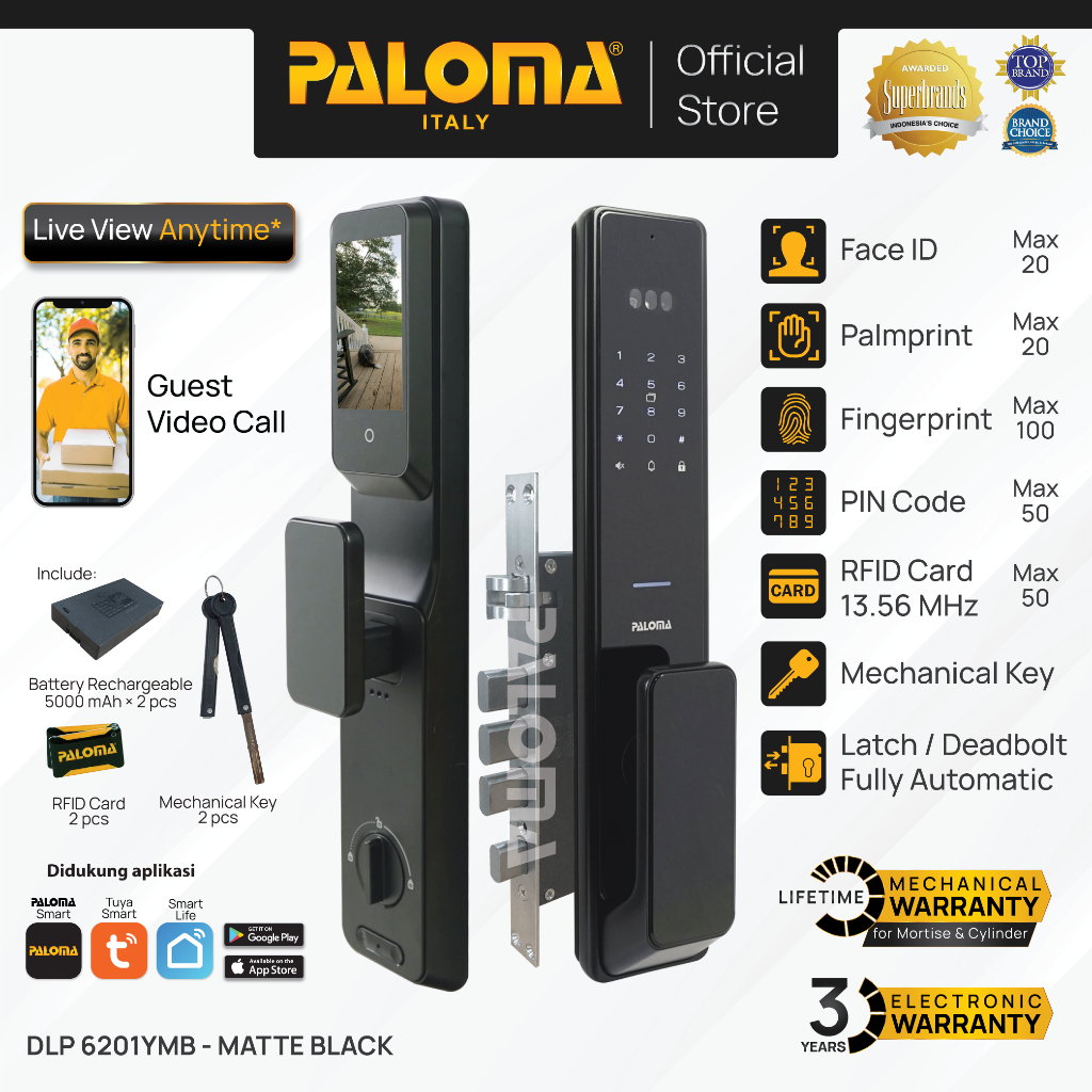 PALOMA DLP 6201YMB Smart Lock Kunci Pintu Digital Lock Smart Door Lock Smart Home Kunci Pintar 3D Fa