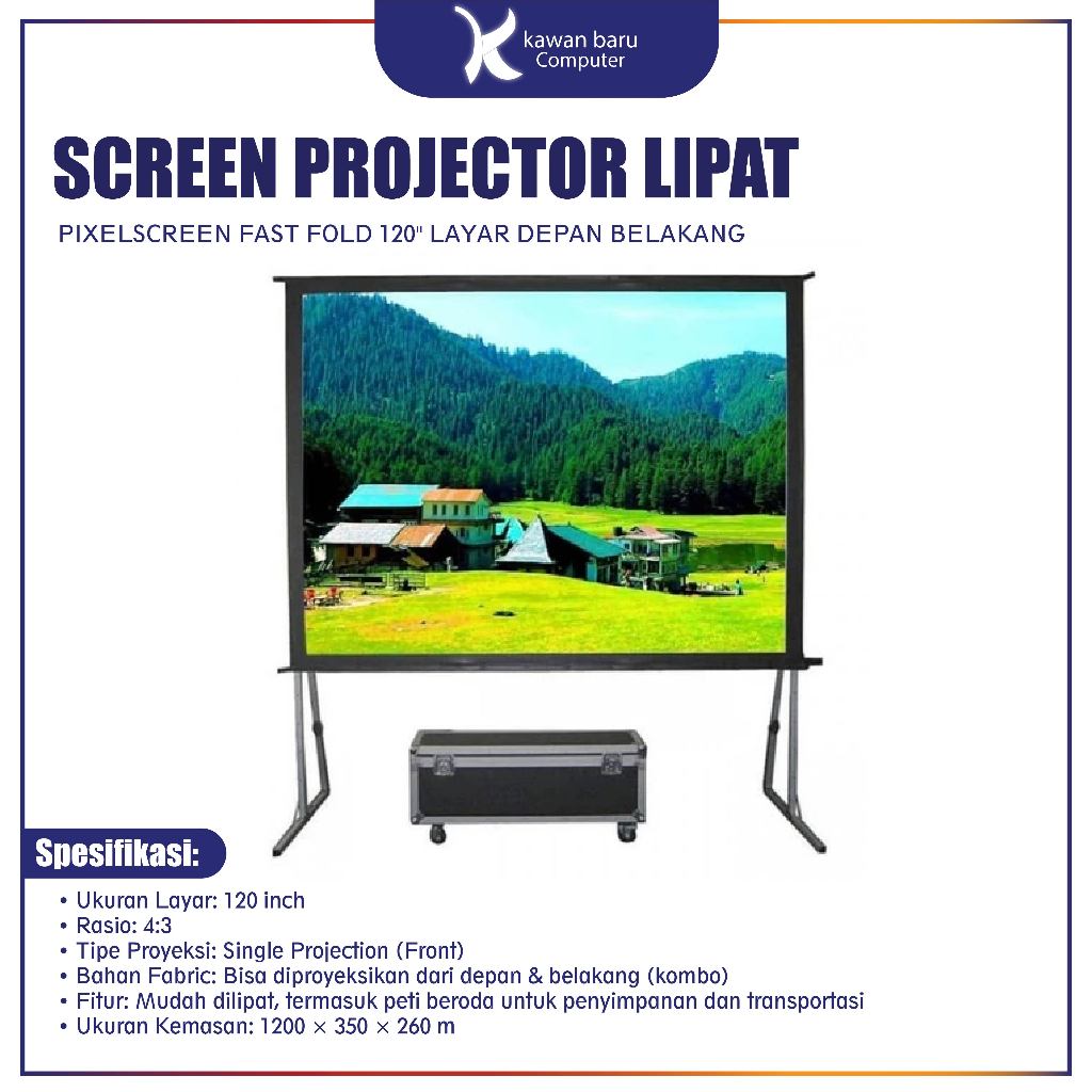 SCREEN PROJECTOR LIPAT PIXELSCREEN FAST FOLD  120'' LAYAR DEPAN BELAKANG