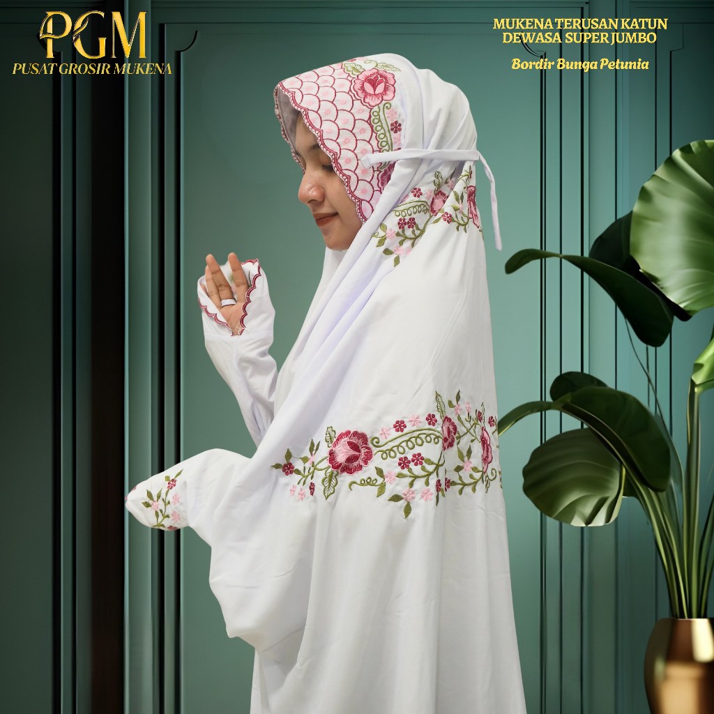 Mukena Terusan Jumbo Polino Motif Bordir Bunga Petunia Cantik Indah