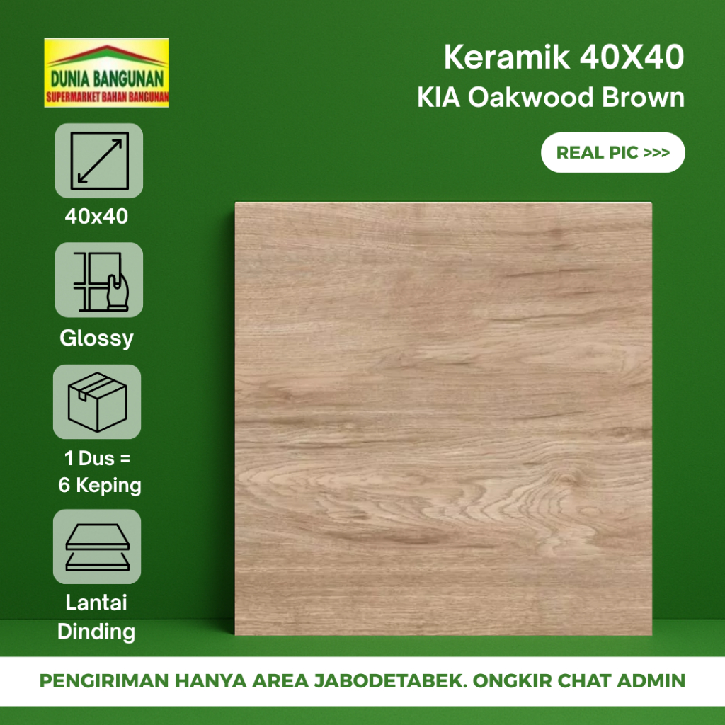 Keramik 40x40 Lantai KIA Oakwood Brown Keramik Glossy Motif Urat Kayu