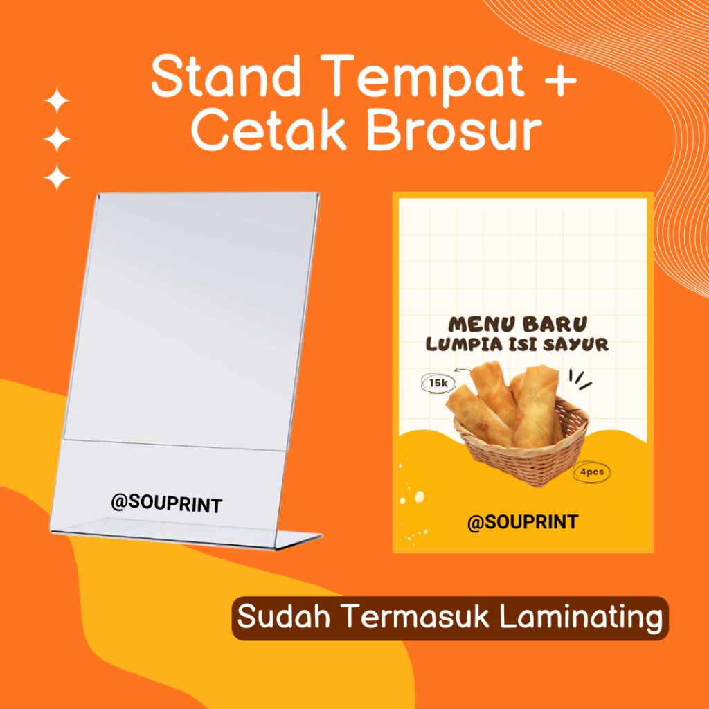Stand + Cetak Brosur  + Laminating Tebal / Stand Menu Makanan / Stand Tempat Menu Makanan / Cetak Me