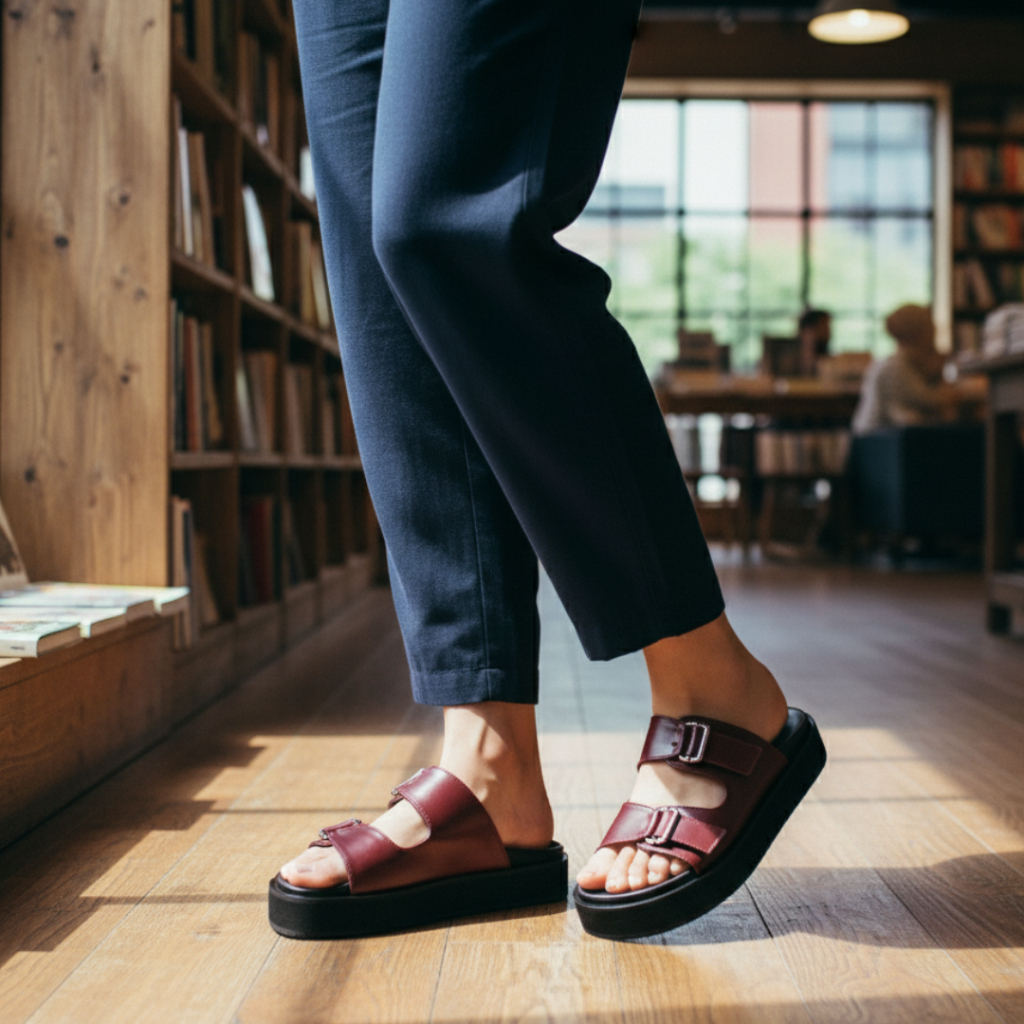 Sandal Wanita Platform Sandal Kulit - Higend Solela Maroon Burgundy
