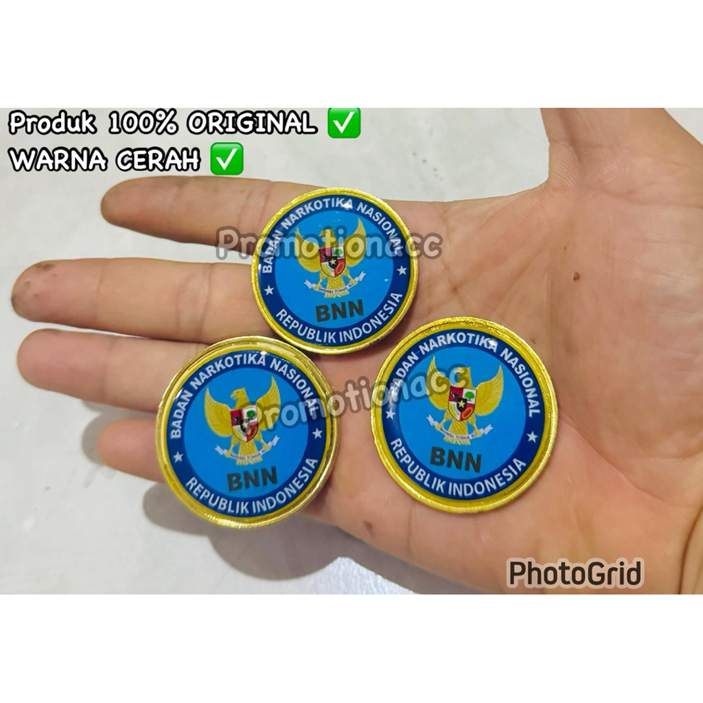Pin BNN Bulat 4cm Logo Resin Pin Bros Bross BADAN NARKOTIKA NASIONAL (BNN) Logam Kuningan Sepuh Emas