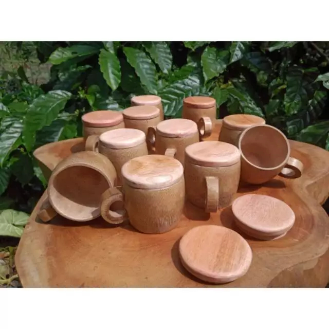 Gelas Kopi Bahan Bambu Free Tutup Cangkir Mug Gelas Kayu Tradisional