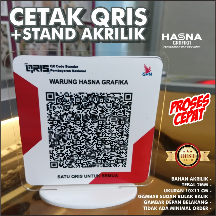 Cetak Papan Akrilik QRIS Custom | QRIS + Stand Akrilik / QRis Pembayaran + Dudukan Akrilik