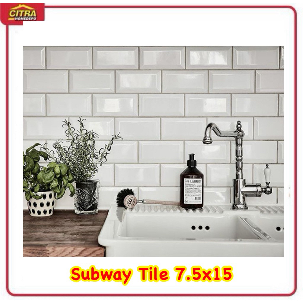 Keramik Dinding Subway Metro 7.5x15 Putih Bevel Minimalis Estetik untuk Dapur & Kamar Mandi