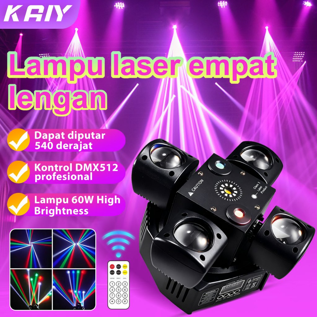 KAIY Mini 4 Beam Laser 60W Moving Head Lampu Stage dengan Strobo, Laser Merah/Hijau & RGBW | DMX512