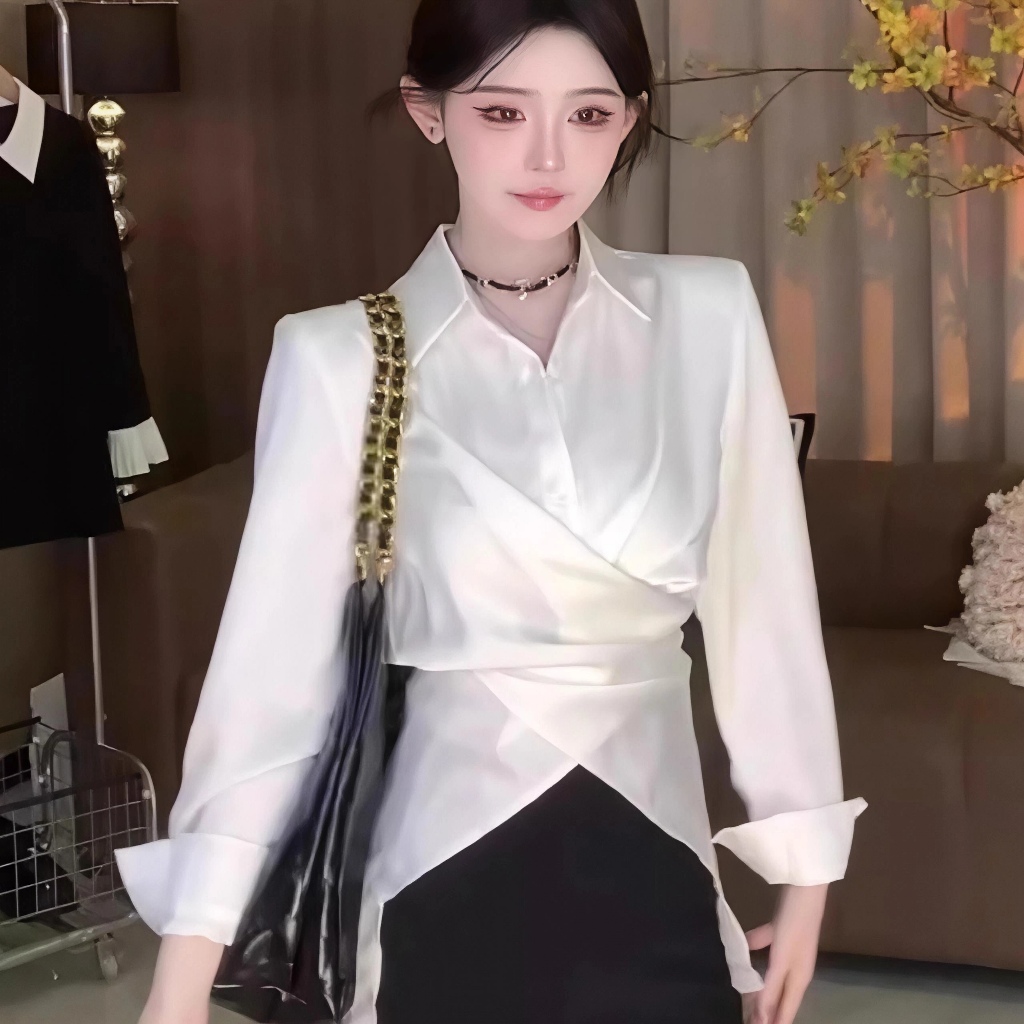 Kemeja Formal Santai Bahan Satin Hitam Black and white Silk Shirt Long Sleeve Simple Chic K058
